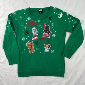Kids STAR WARS Festive Green Christmas Holiday Sweater Sz XL
